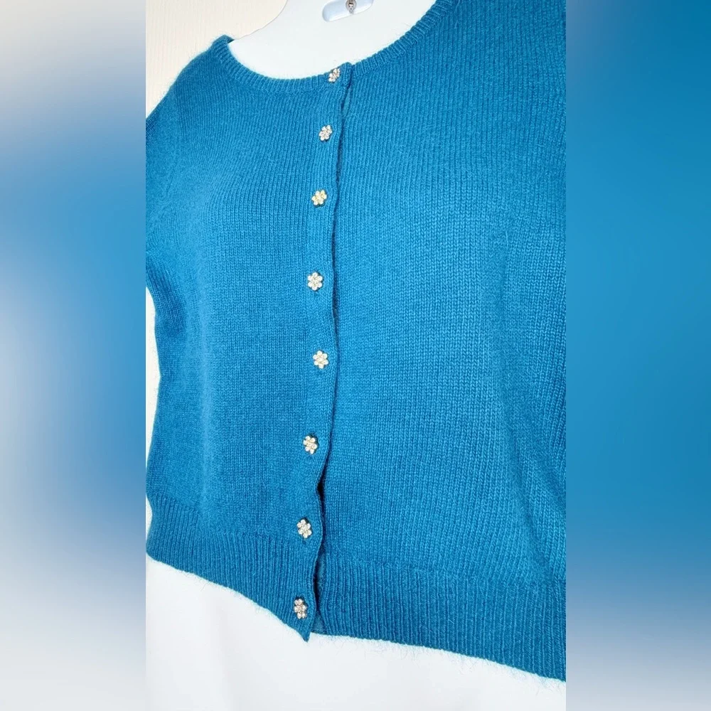 MARINA LUNA Teal Angora Wool Blend Cardigan Rhinestone Buttons - Size Small